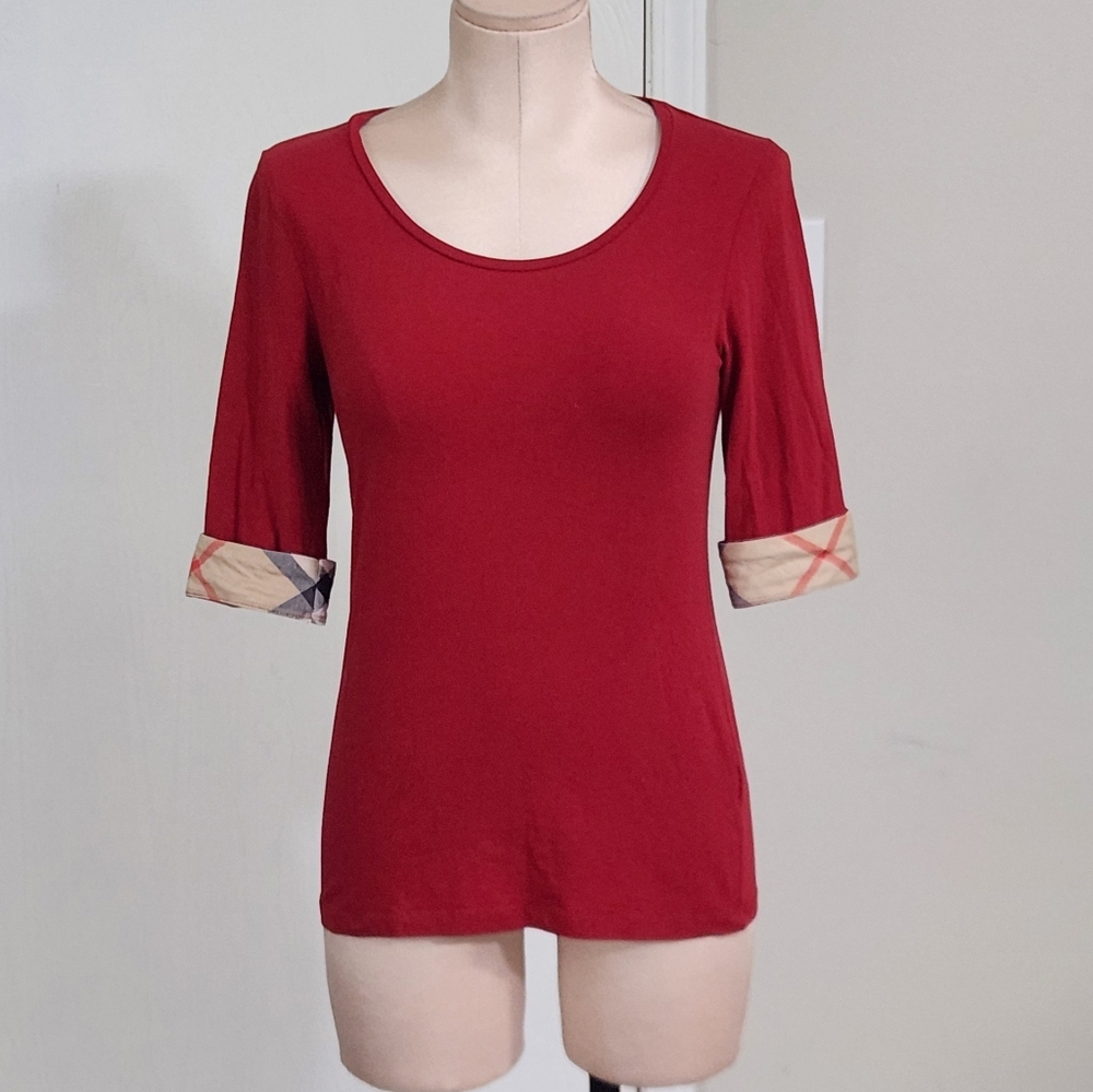 Burberry Red Short Sleeve Tee with Check Cuff